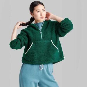 Wild Fable Half Zip Hoodie Sherpa Teddy Jacket Sweatshirt - Green Womens XXL